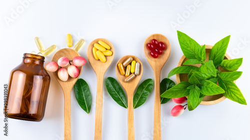 Εκτύπωση καμβά Alternative herbal medicine, vitamin and supplements from natural on white backg