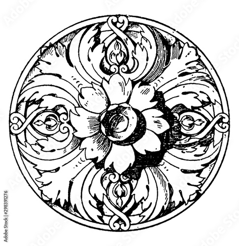 Modern French Rosette is a ceiling flower made of stucco, vintage engraving.