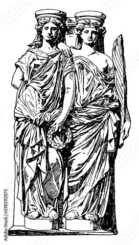 Modern Caryatid, Building ,  vintage engraving.