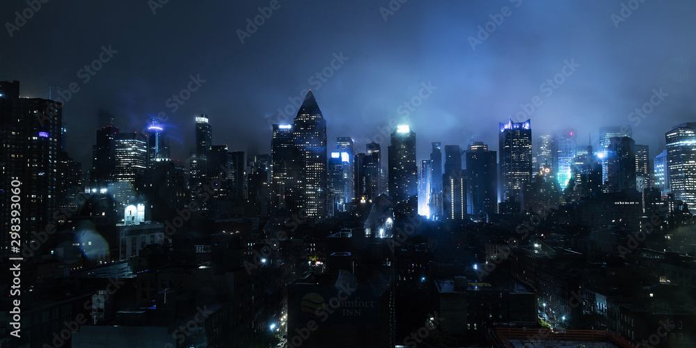 New York city at on a foggy night with lights glowing - obrazy, fototapety, plakaty 