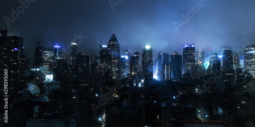 New York city at on a foggy night with lights glowing