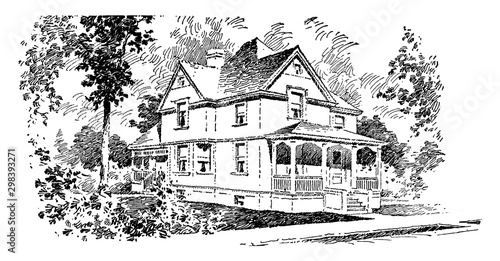 The Adele,  typical hipped roof, vintage engraving.