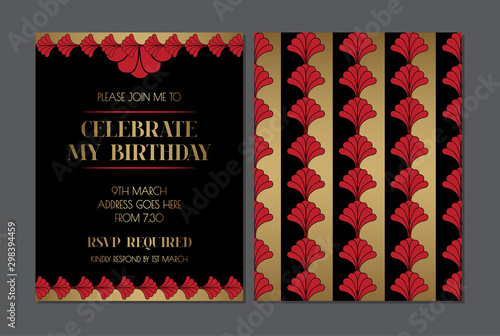Elegant Red Gold and Black Art Deco Invitation Design