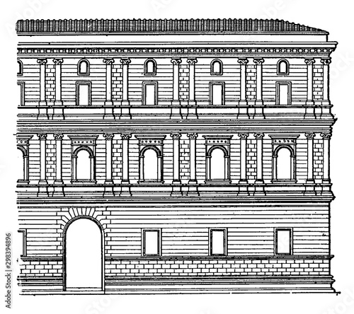 Faade of the Giraud Palace at Rome, vintage engraving.