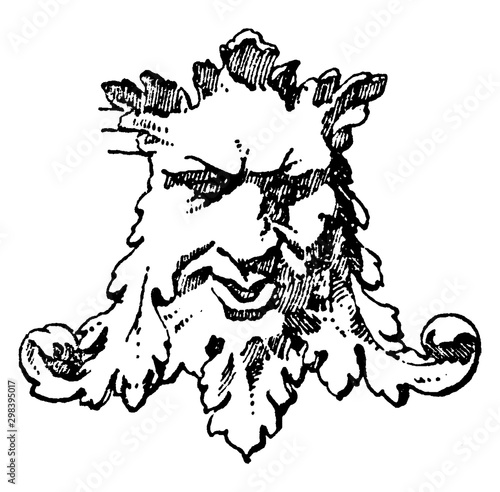 Mad Grotesque Mask is part of a modern panel designed by sculptor Hauptmann, vintage engraving.