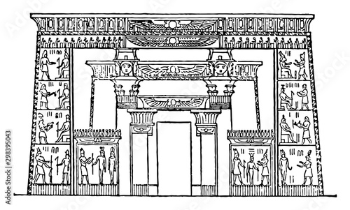 Egyptian-Front of Temple of Isis,  Egyptian architecture, vintage engraving.