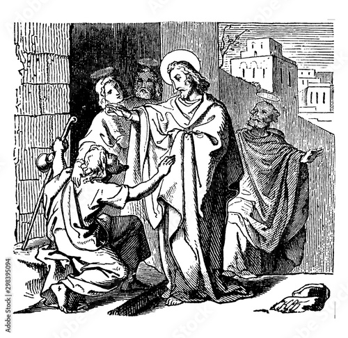 Jesus Heals a Blind Beggar named Bartimaeus at Jericho vintage illustration.