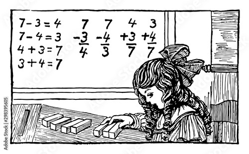  Girl counting blocks math problems or learning math, vintage engraving