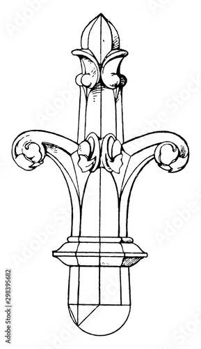 Early Gothic Finial, three dimensional cross, vintage engraving.