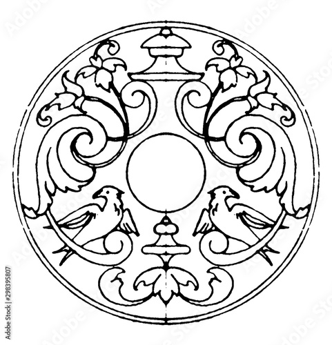 Decoration of Escutcheons Strap-Work Frame was used as snuff-box lids, vintage engraving.