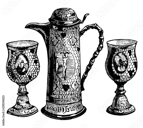 Communion Cups and Wine Flagon vintage illustration.