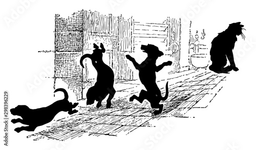 Cat and Dancing Dog, histories for sales,  vintage engraving.