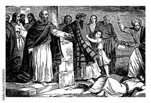 Ananias Struck Dead after Lying vintage illustration. photo