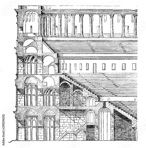 Elevation and Section of the Colosseum, the Tiers of Seats, vintage engraving.