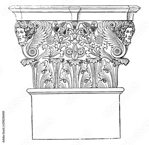 Corinthian Capital, support,  vintage engraving.