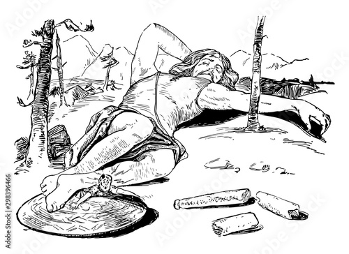Thor Stuck Under Hrungnir's Foot vintage illustration.