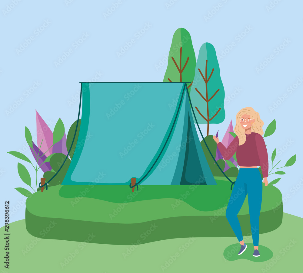 woman wearing eyeglasses tent camping picnic outdoors