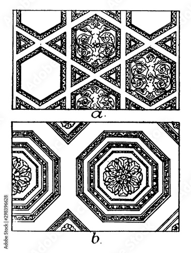 Roman Ceiling Panels, A coffer in architecture, vintage engraving.