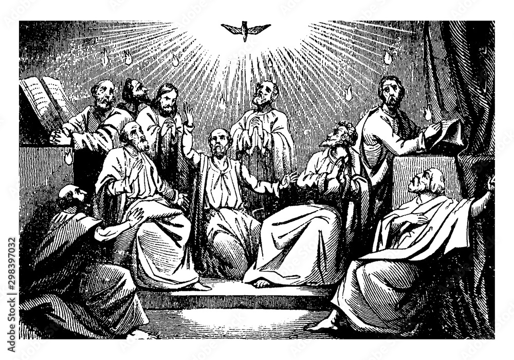 Descent of the Holy Spirit on the Apostles vintage illustration. Stock