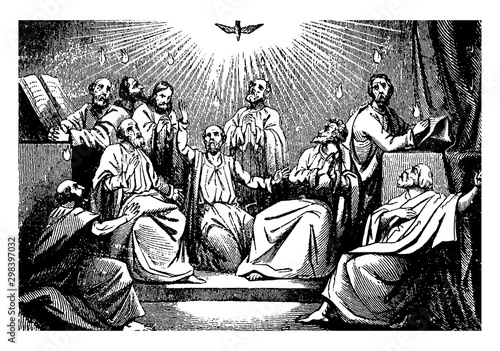Descent of the Holy Spirit on the Apostles vintage illustration.