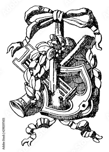 Pilaster Panel Symbol is a lyre, vintage engraving.