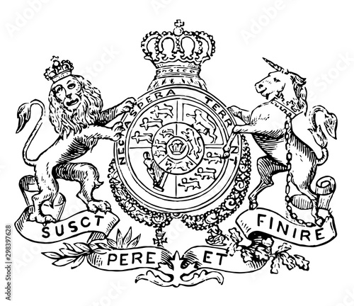 The Great Seal of Hanover is a European coat of arms, vintage engraving.