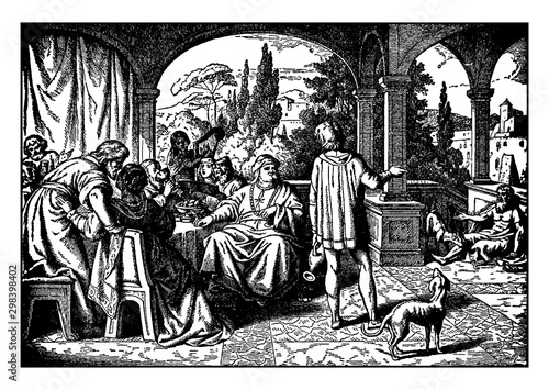 Lazarus, the Beggar, and the Rich Man vintage illustration.