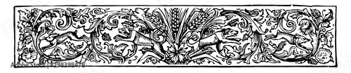 Animal Divider with wheat in the center and surrounded by dogs in this design, vintage engraving.