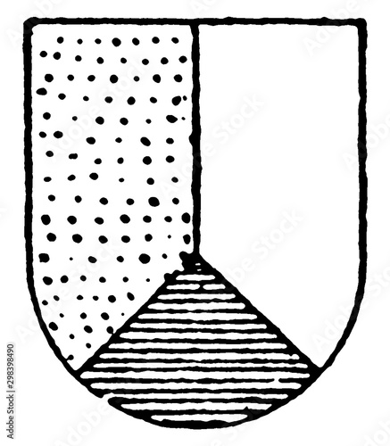 Per Pall Ordinary is reversed in or and argent, vintage engraving.