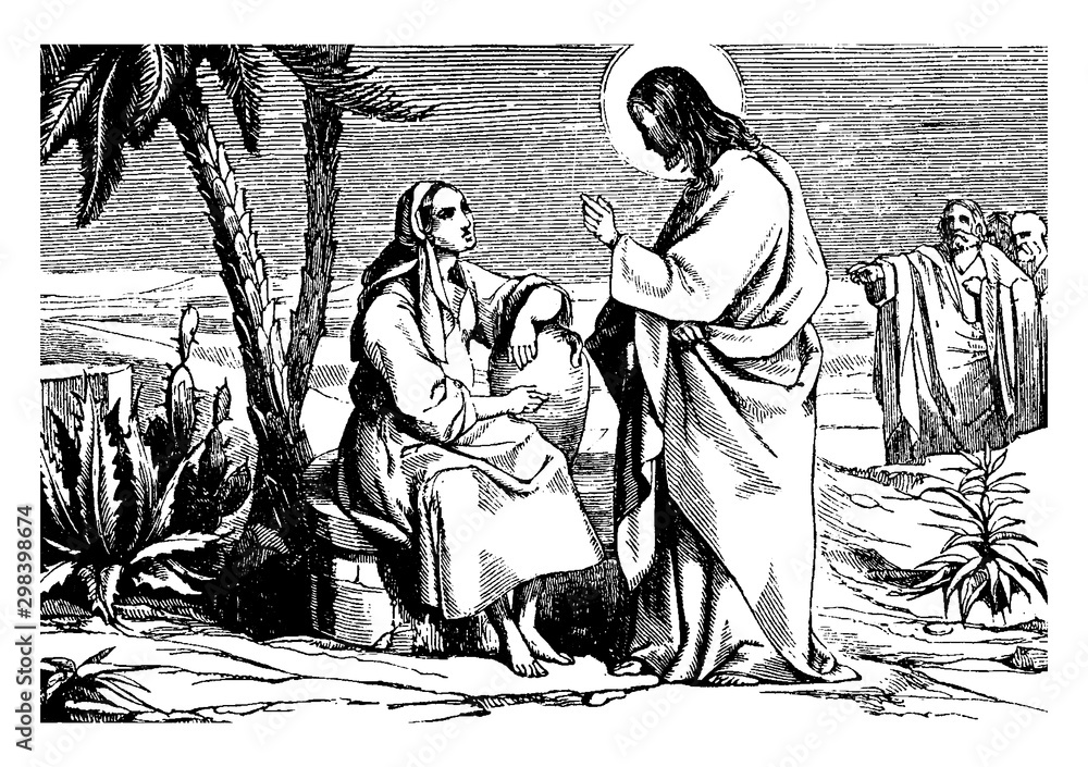 Jesus Speaks to the Samaritan Woman at the Well vintage illustration ...