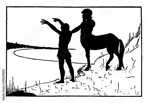 Centaur & Man Standing on Shore vintage illustration.