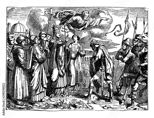 Pope Leo the Great Approaches Attila, King of the Huns, on the Battlefield vintage illustration.
