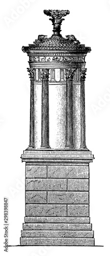 Choragic Monument of Lysicrates, a less ambitious class, vintage engraving. photo