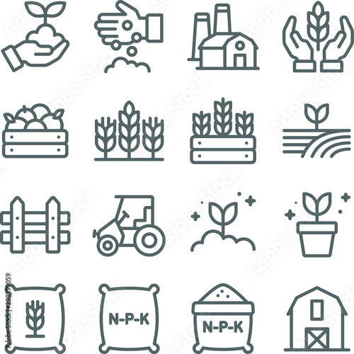 Farming icons set vector illustration. Contains such icon as agriculture, planting, fertilizer, fence, barn and more. Expanded Stroke