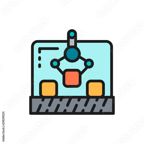 Robotic manipulator on conveyor, production flat color icon.