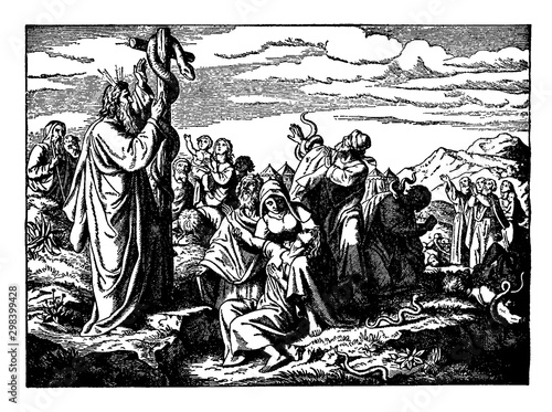 The Brazen Serpent and the Healing of the Israelites vintage illustration.
