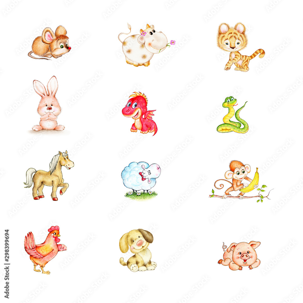 Set of 12 cute zodiac Chinese animals rat bull tiger rabbit