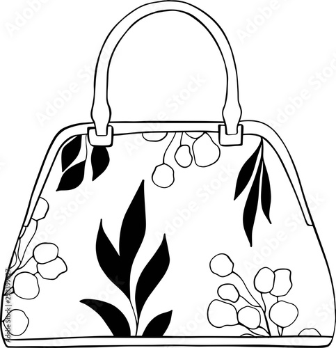 black and white illustration of a woman's bag with a floral pattern, vector