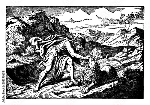 Samson Tears a Lion Apart with His Bare Hands vintage illustration.