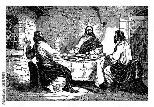 Jesus Appears to Cleopas and Another Disciple at Dinner vintage illustration.