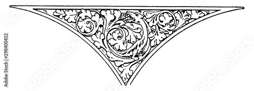 Early Gothic Spanrail Panel is found in a stone church in England, vintage engraving.