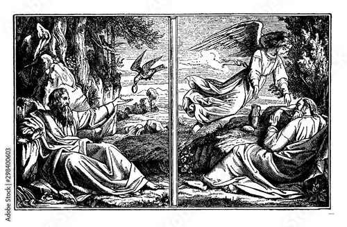 Elijah Hides from Ahab and is Fed by Angels and Ravens vintage illustration.