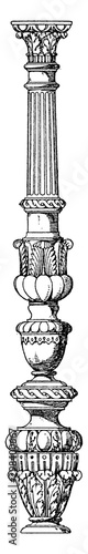 Candelabrum-Like Column Profiled Shaft, lathe-turned,  vintage engraving.