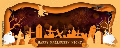Landscape view of Halloween scary night atmosphere with "HAPPY HALLOWEEN NIGHT" lettering on wooden banner in a hole shape and layer paper cut vector and web banner design.