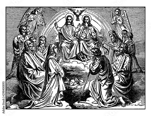 The Apostles, Jesus, God, the Holy Spirit, and the Blessed Virgin Mary in Heaven vintage illustration.