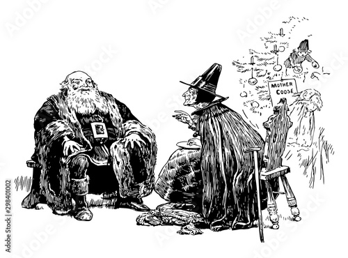 Santa Claus and Mother Goose vintage illustration.