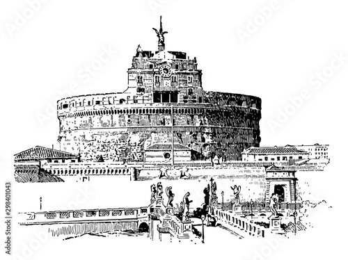 Hadrian's Tomb,  the Roman Emperor Hadrian, vintage engraving.