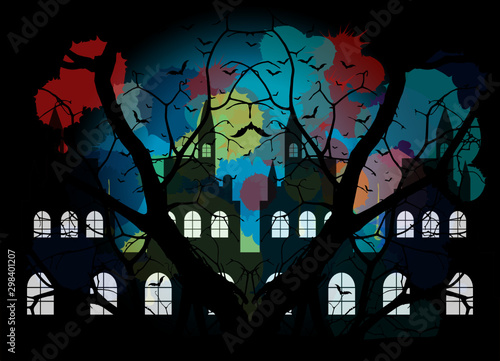 halloween night background with castle and bats