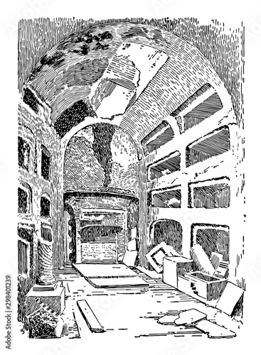 Interior of the Catacombs vintage illustration.