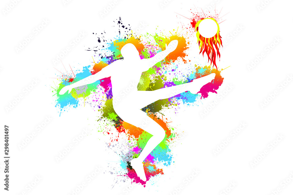 Popular sports, Soccer player kicks the ball, Goal, Exercise, Symbol, Silhouette, Fire flame, Beautiful colors, drops ink splashes, vector illustration, background. Popular sports, Soccer player kicks the ball, Goal, Exercise, Symbol, Silhouette, Fire flame, Beautiful colors, drops ink splashes, vector illustration, background.